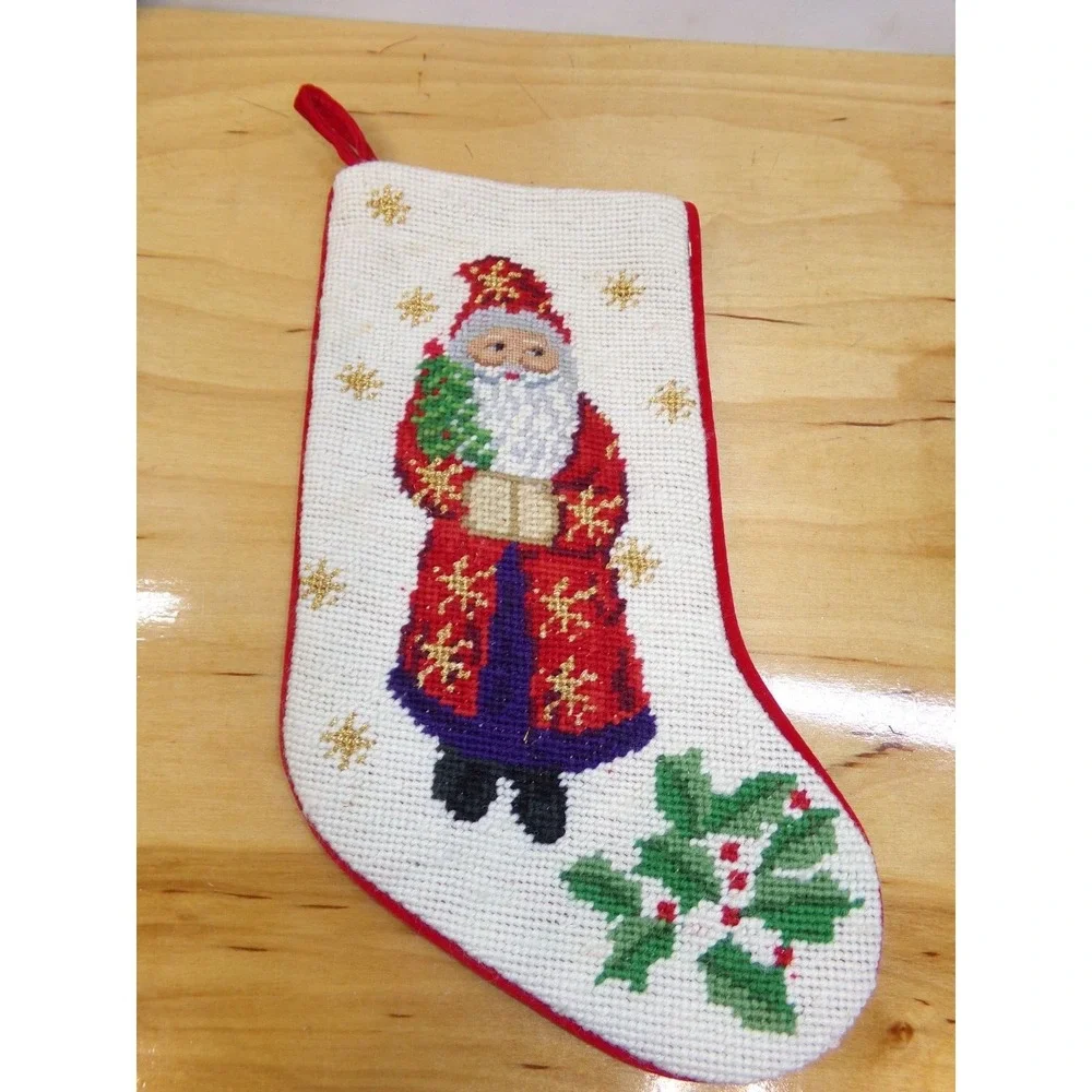 Vintage‎ Needlepoint Christmas Stocking Lot of 3 Santa Velvet Backing